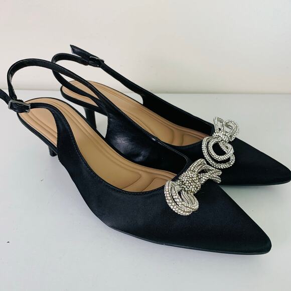 BCBGeneration Size 9.5 Donna Rhinestone Bow Satin Slingback Kitten Heel - Picture 7 of 12